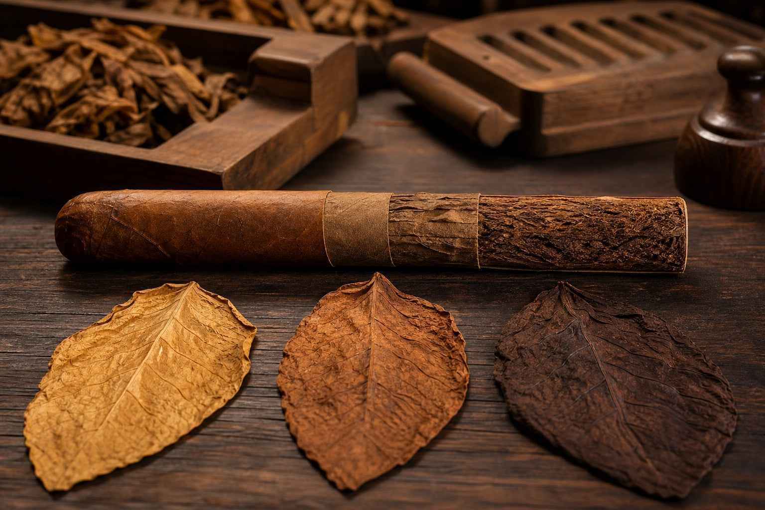 Cutaway handmade cigar showing wrapper, binder, filler and cured tobacco leaves from light to dark