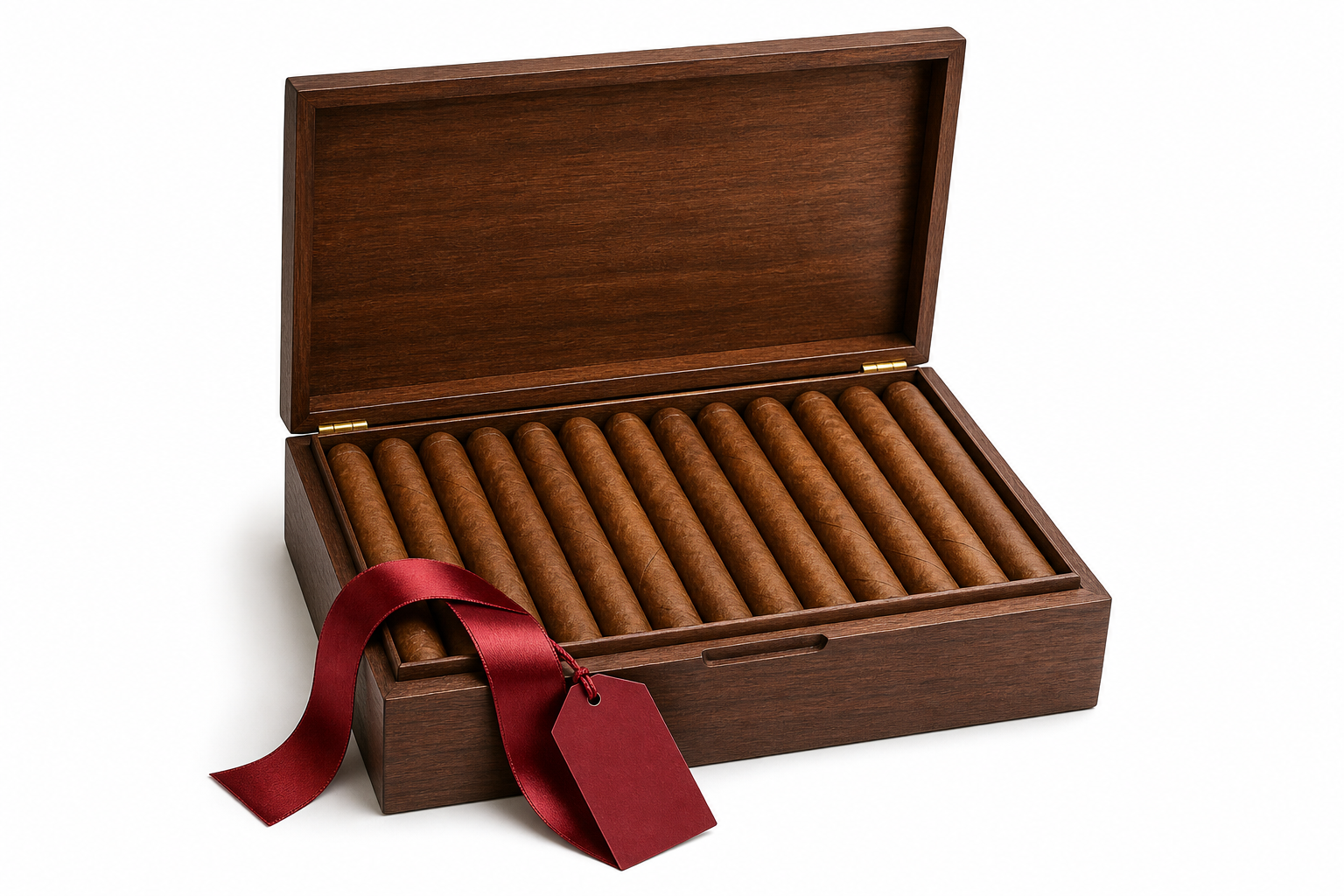 Open premium cigar box with a red ribbon and sale tag on a white background