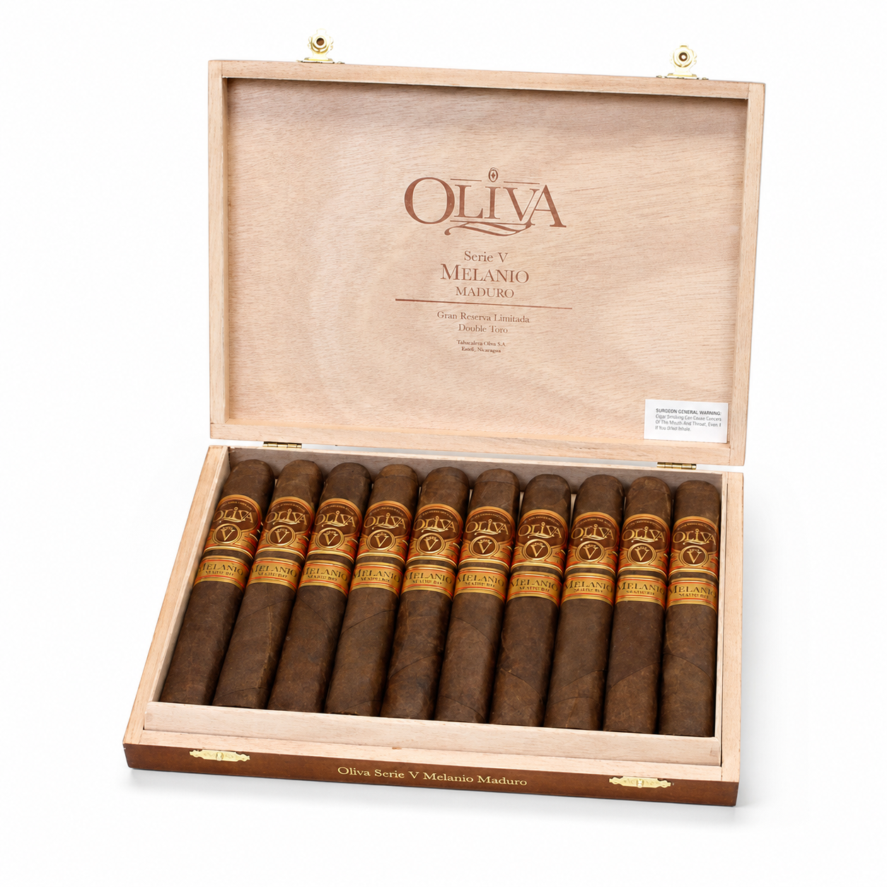Open box of 10 Oliva Serie V Melanio Maduro Double Toro cigars