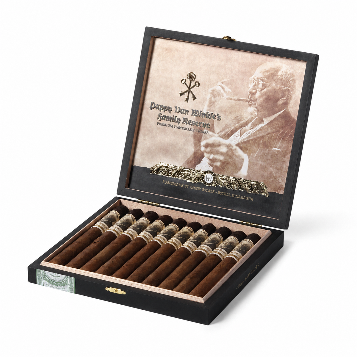 Pappy Van Winkle Family Reserve Barrel Fermented open cigar box on white