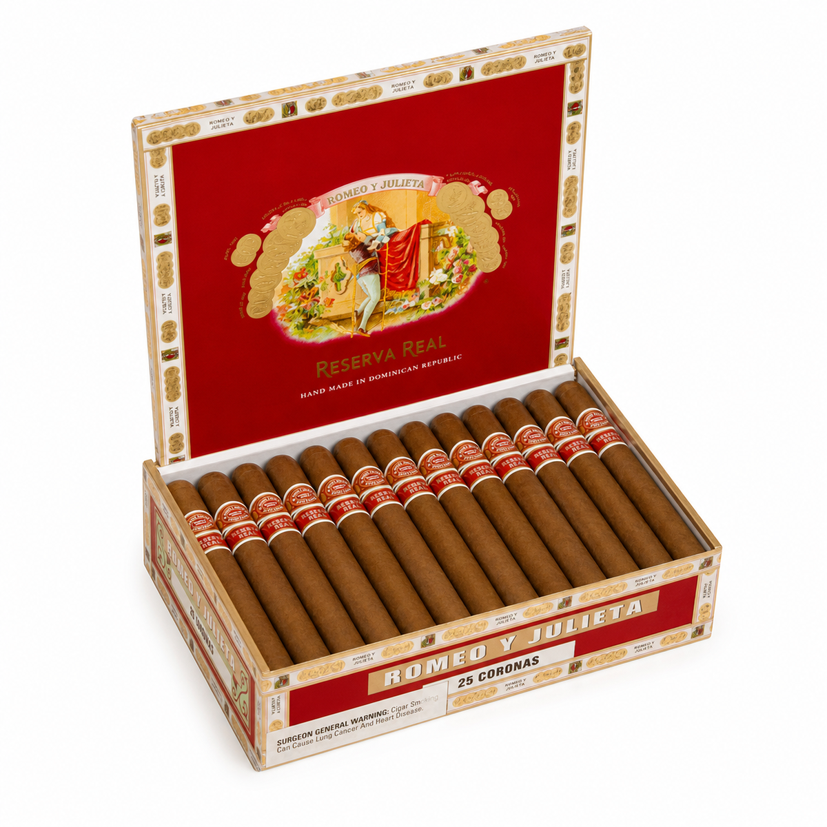 Romeo y Julieta Reserva Real open cigar box on white